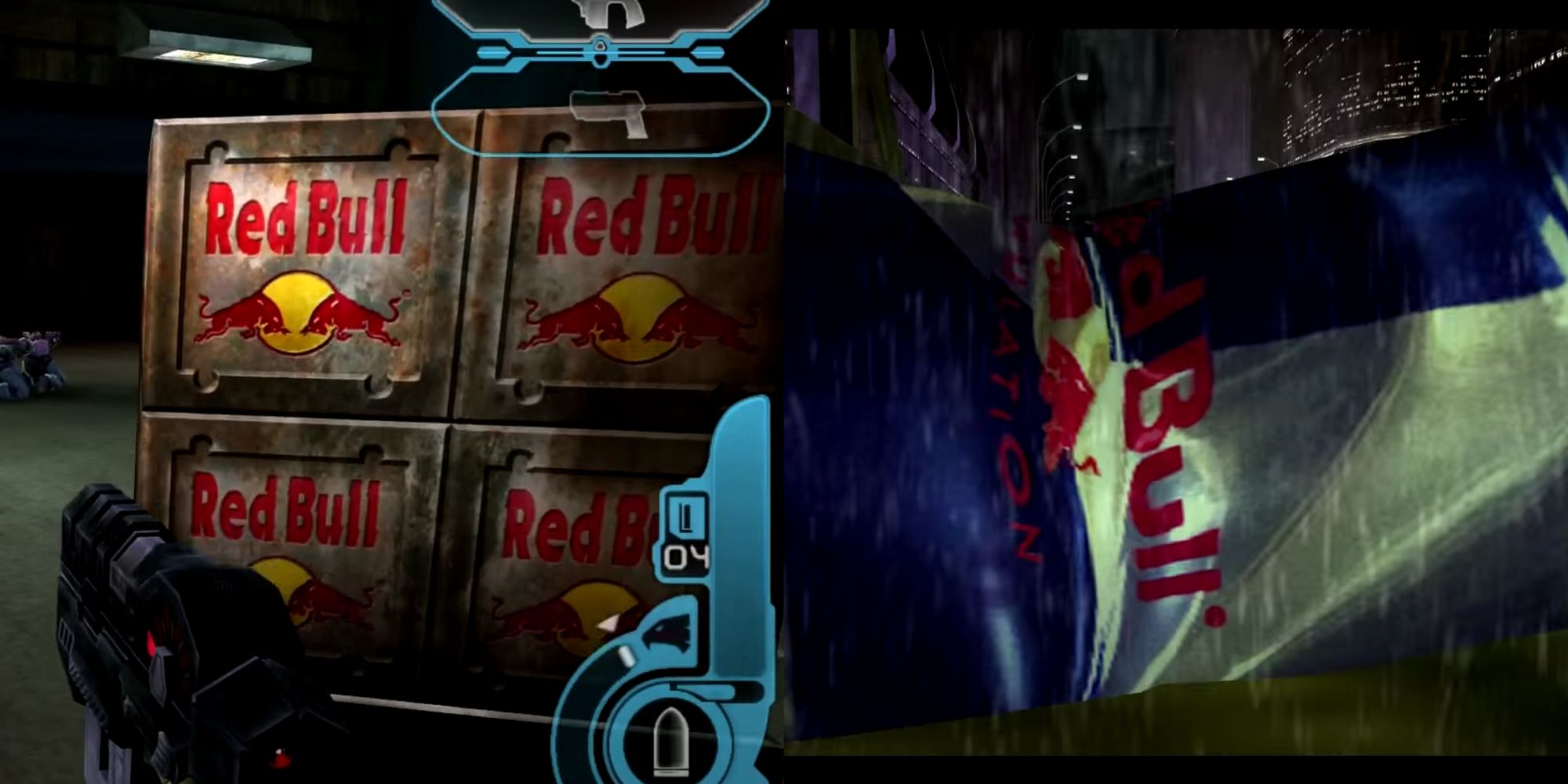 A split image showing many crates labeled with the Red Bull logo and a close-up of a smashed can of Redbull in the third chapter of Dredd Vs. Death.