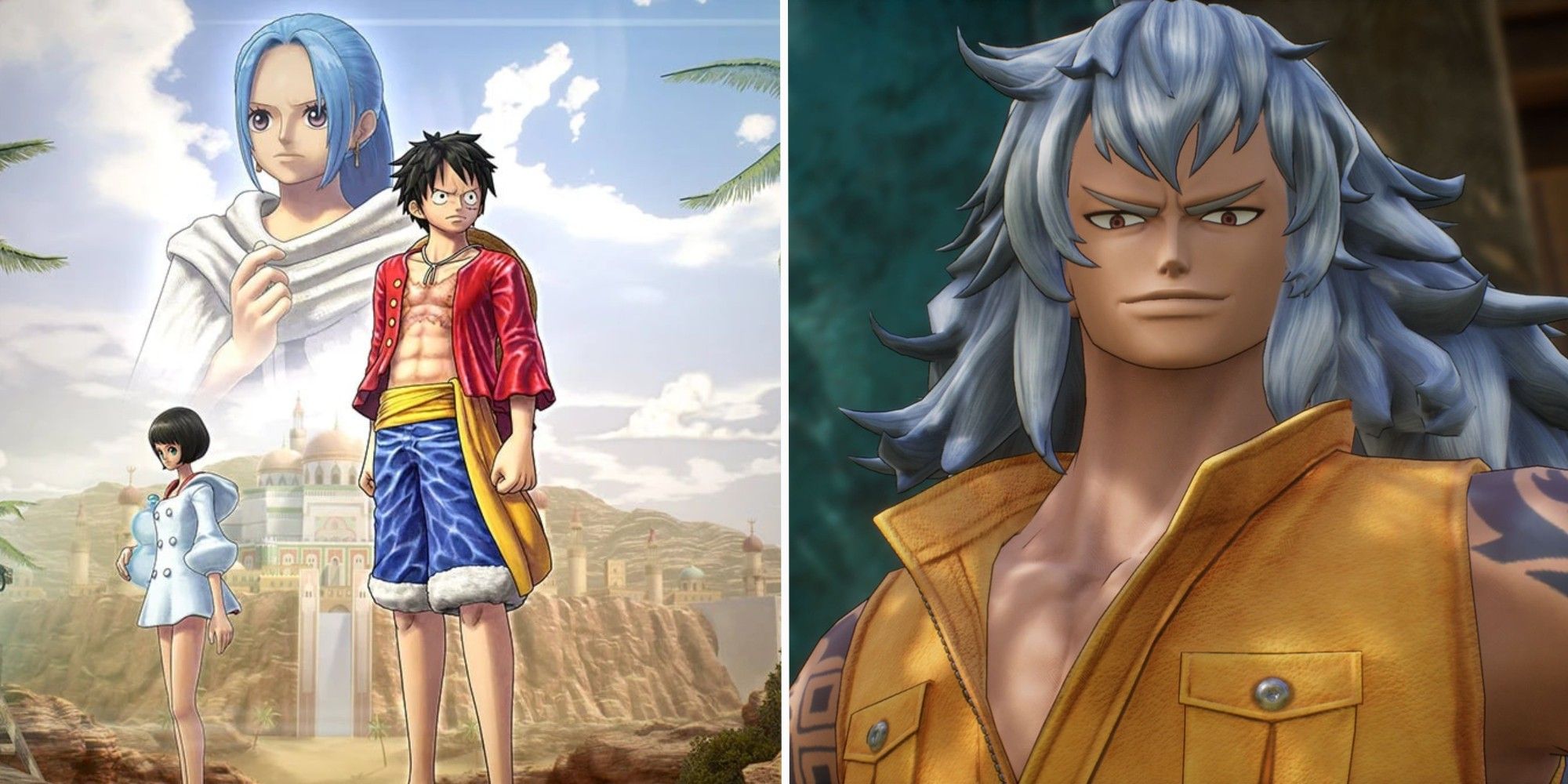 Vivi, Luffy, and Lim pose on the left and Adio stand upright on the right in the One Piece Odyssey game