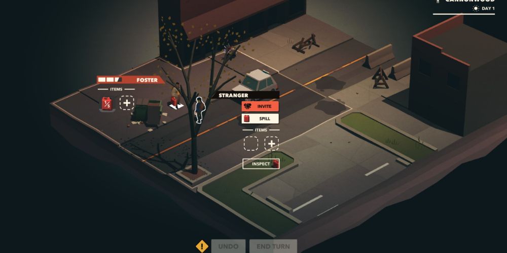 The player walks up to a character and plans to invite them into the group in Overland.