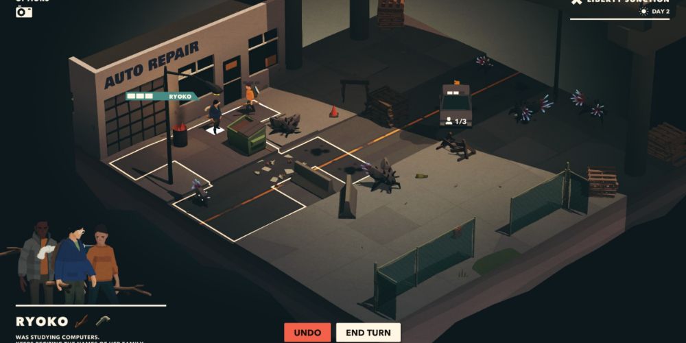 The player looks at Ryoko's range to see if she should search the area, attack a bug, or push the dumpster in Overland.