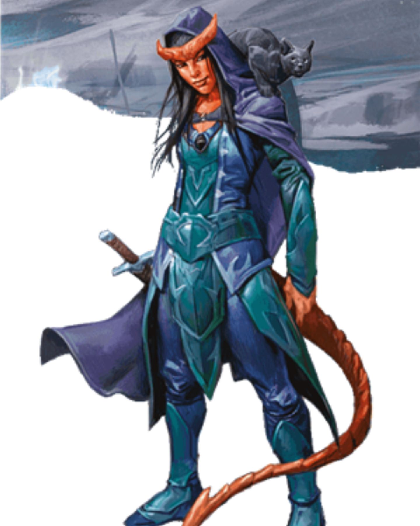A shadow sorcerer Tiefling stands at the ready with her dagger sheathed and a black cat on her shoulder