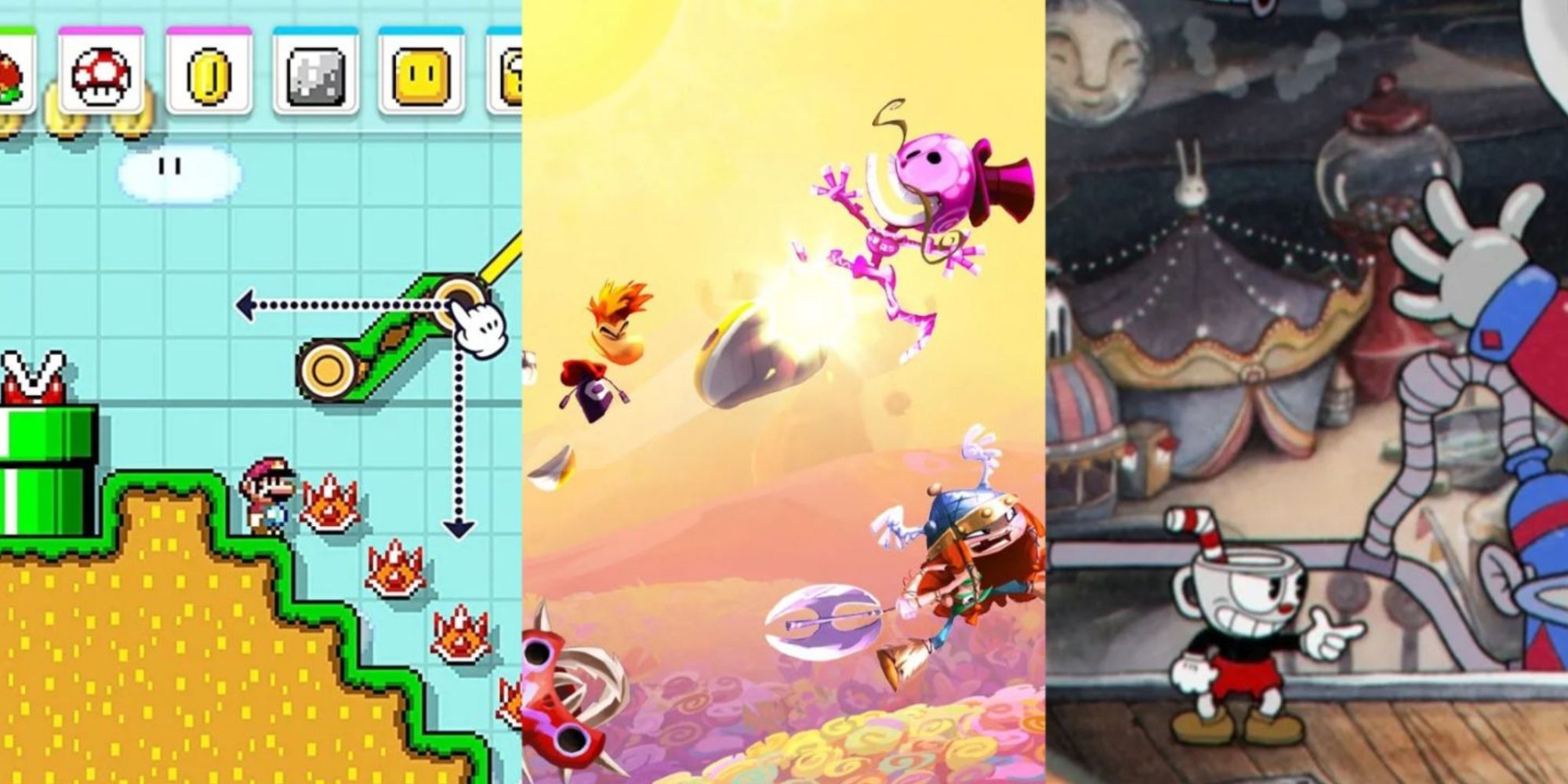 Gameplay split screen image of Super Mario Maker 2, Rayman Legends, and Cuphead