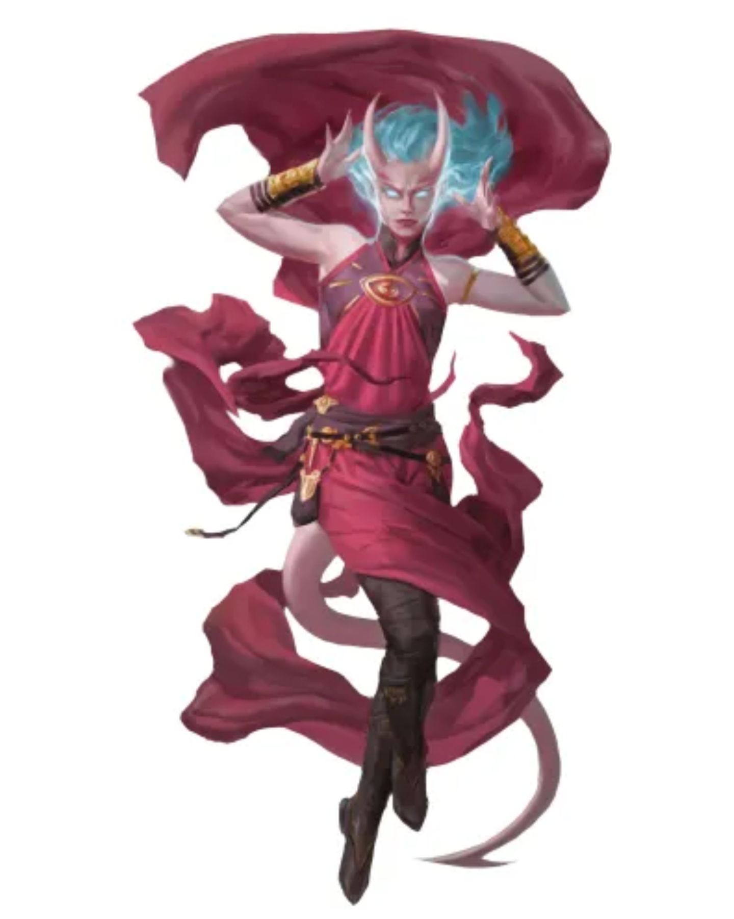 A Tiefling in red flowing clothing with glowing blue eyes activates her aberrant mind powers.