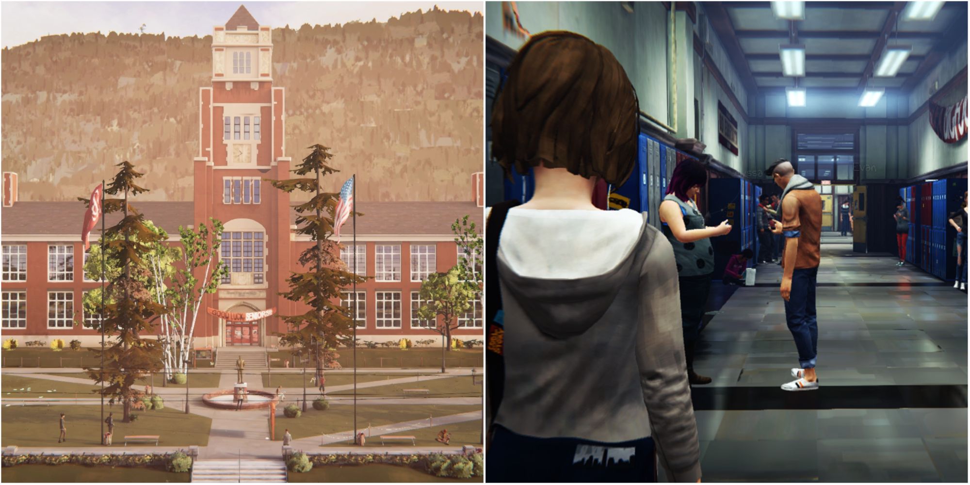 Collage of outside Blackwell Academy and Max Caulfield walking in the school's hallway in Life Is Strange