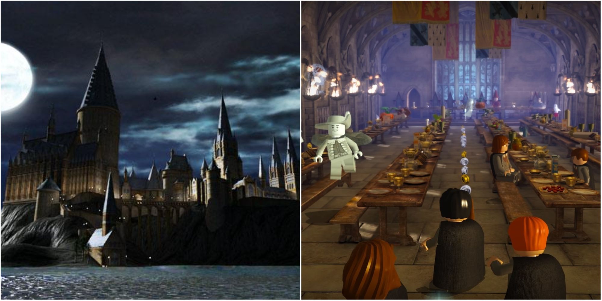 Collage of outside Hoqwarts and Harry, Ron and Hermione in the Great Hall in Lego Harry Potter Collection