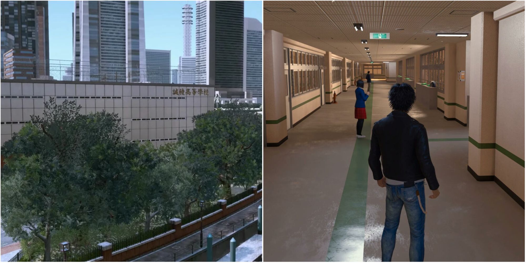 Collage of outside Seiryo High School and Takayuki Yagami walking in the school's hallway in Lost Judgment