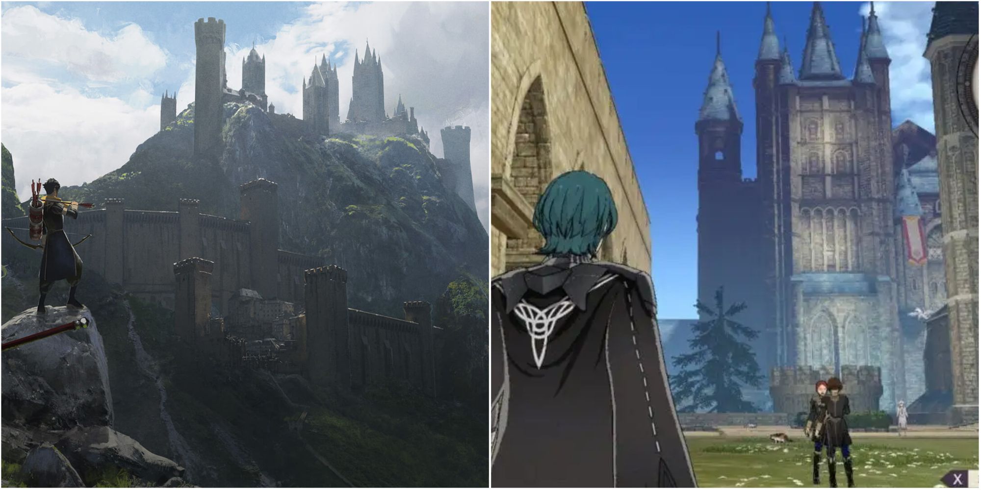 Collage of outside the Garreg Mach Monastery and Byleth walking in the school's grounds in Fire Emblem: Three Houses