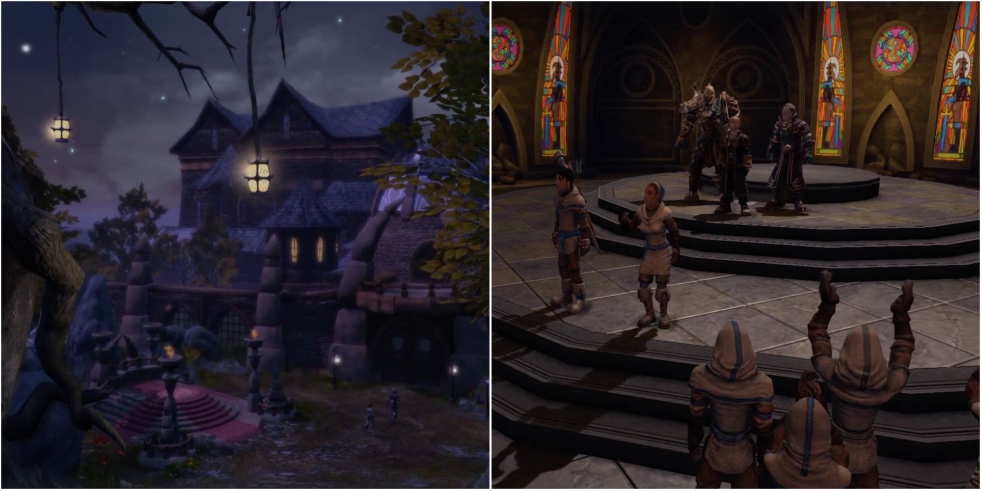Collage of outside the Guild of Heroes and the main hero and Whisper graduating in the main chamber in Fable