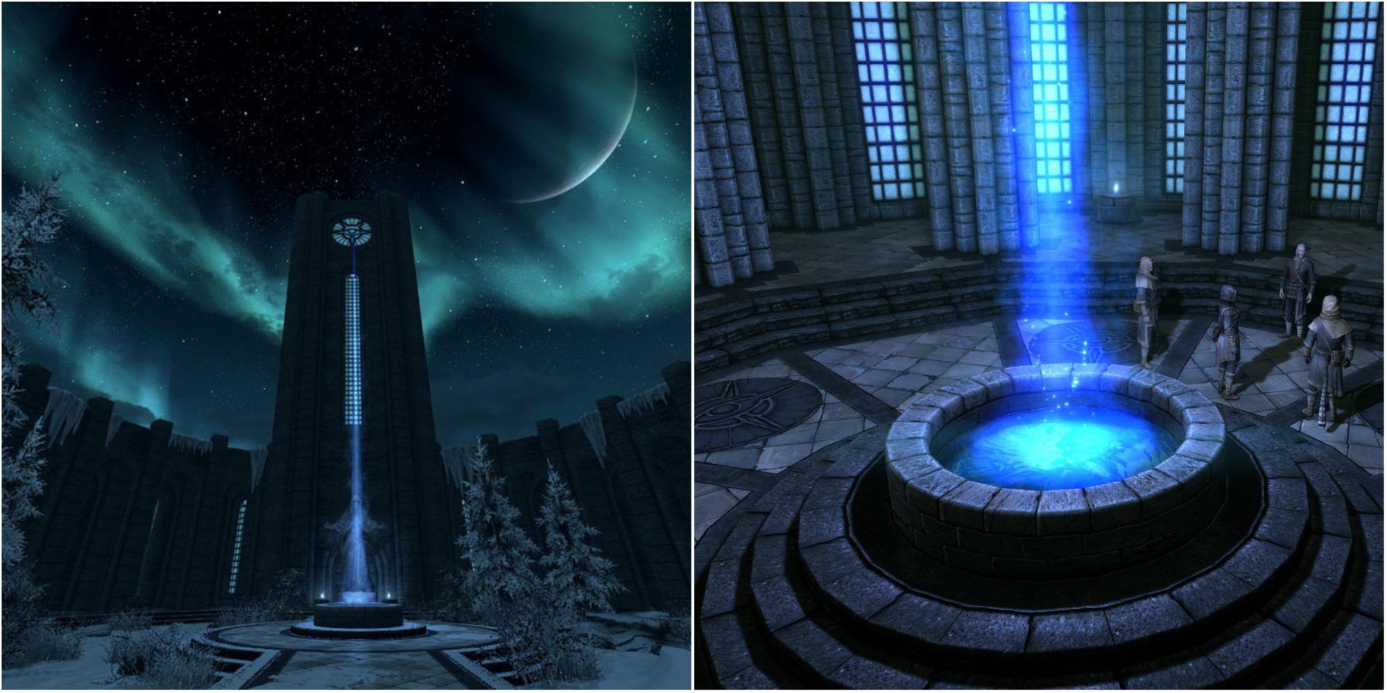 Collage of the outside courtyard of the College of Winterhold and mages conducting magic in the school in Skyrim