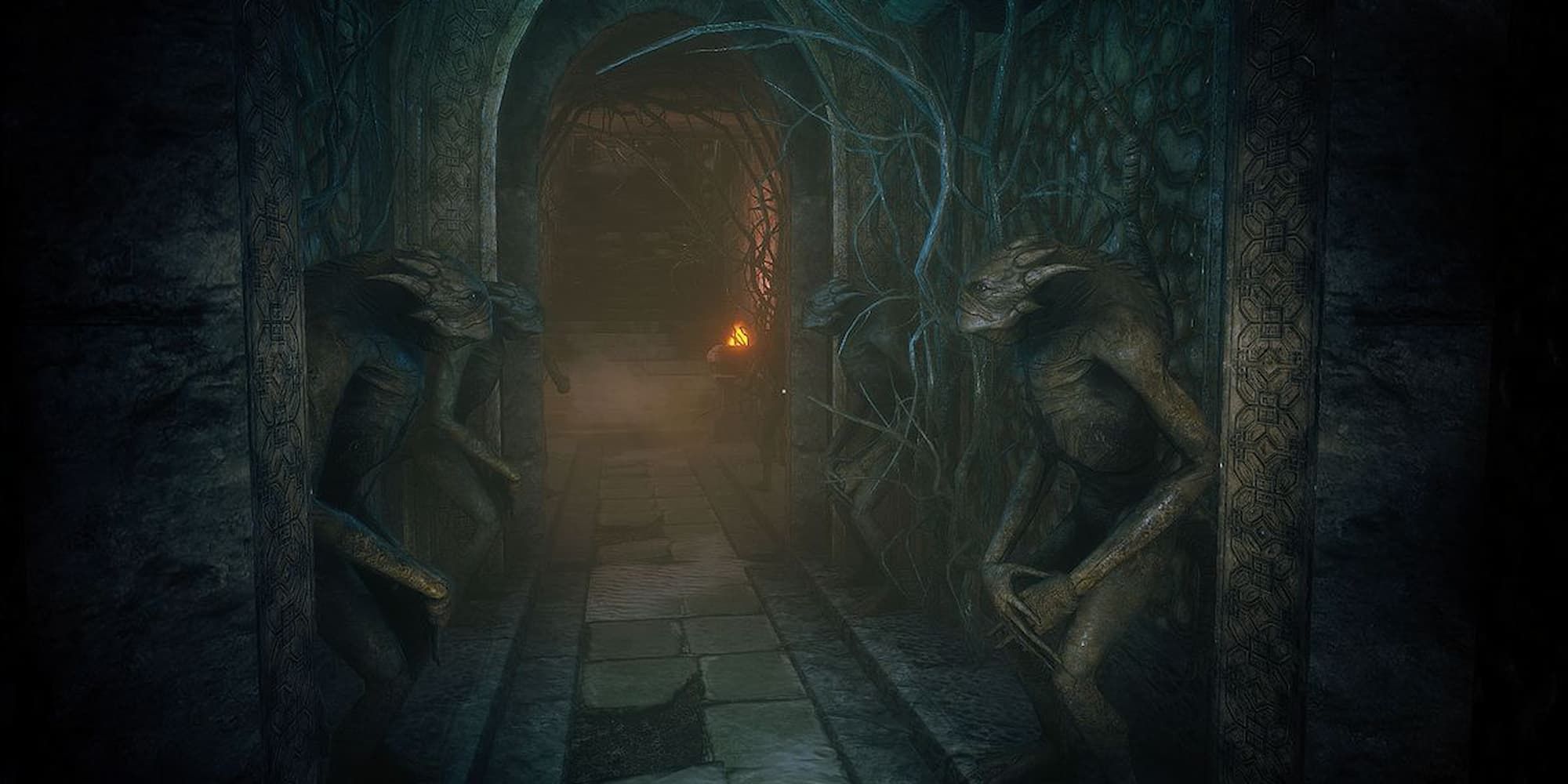 The Antarctic archeological site in Conarium is a narrow pathway lined with markings on the wall and statues of demonic creatures.