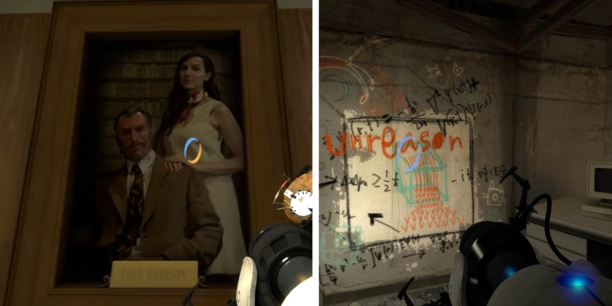 Split image showing a Cave Johnson painting and grafitti in Portal