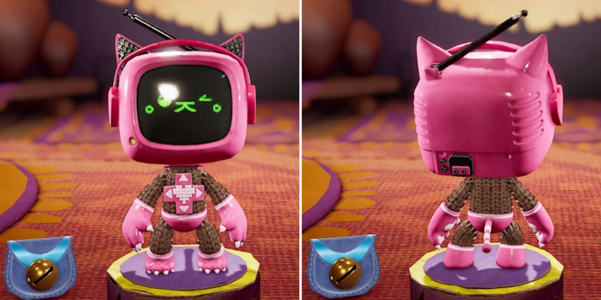 Two screenshots of the Console Kitty Costume from Sackboy: A Big Adventure.