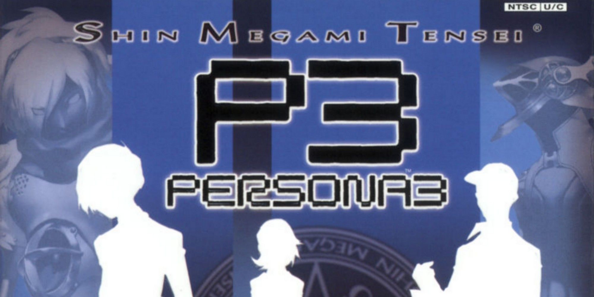 cover art for persona 3 featuring the male protagonist, yukari, and junpei in silhouette