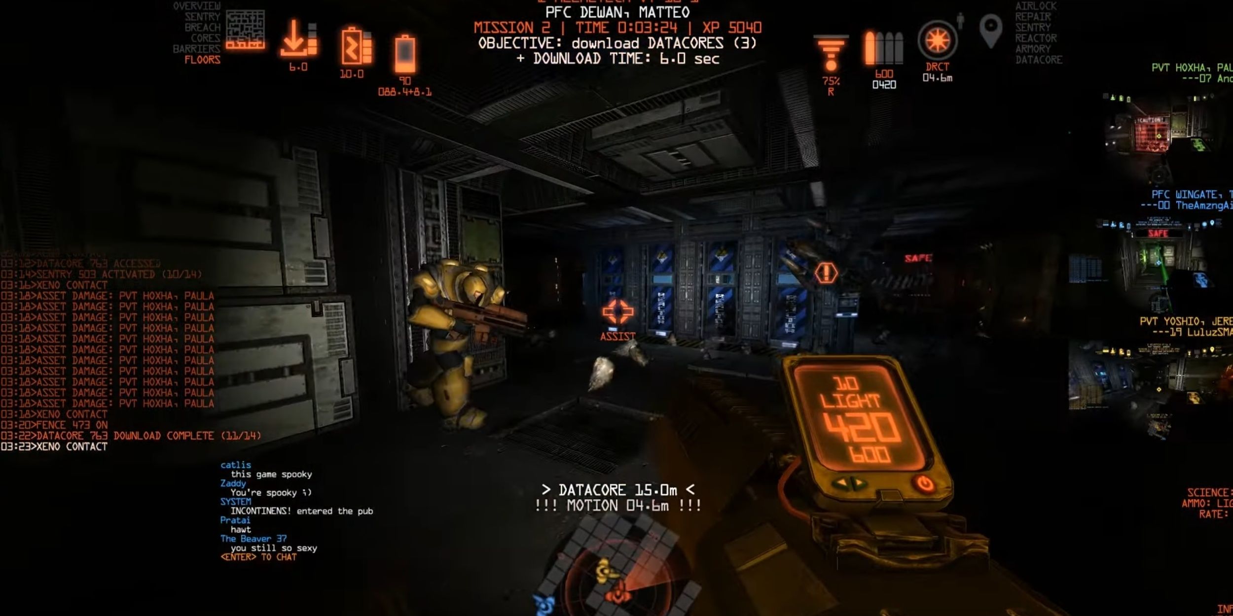 A player watching his teammate's back, about to open fire on an approaching Space Beast