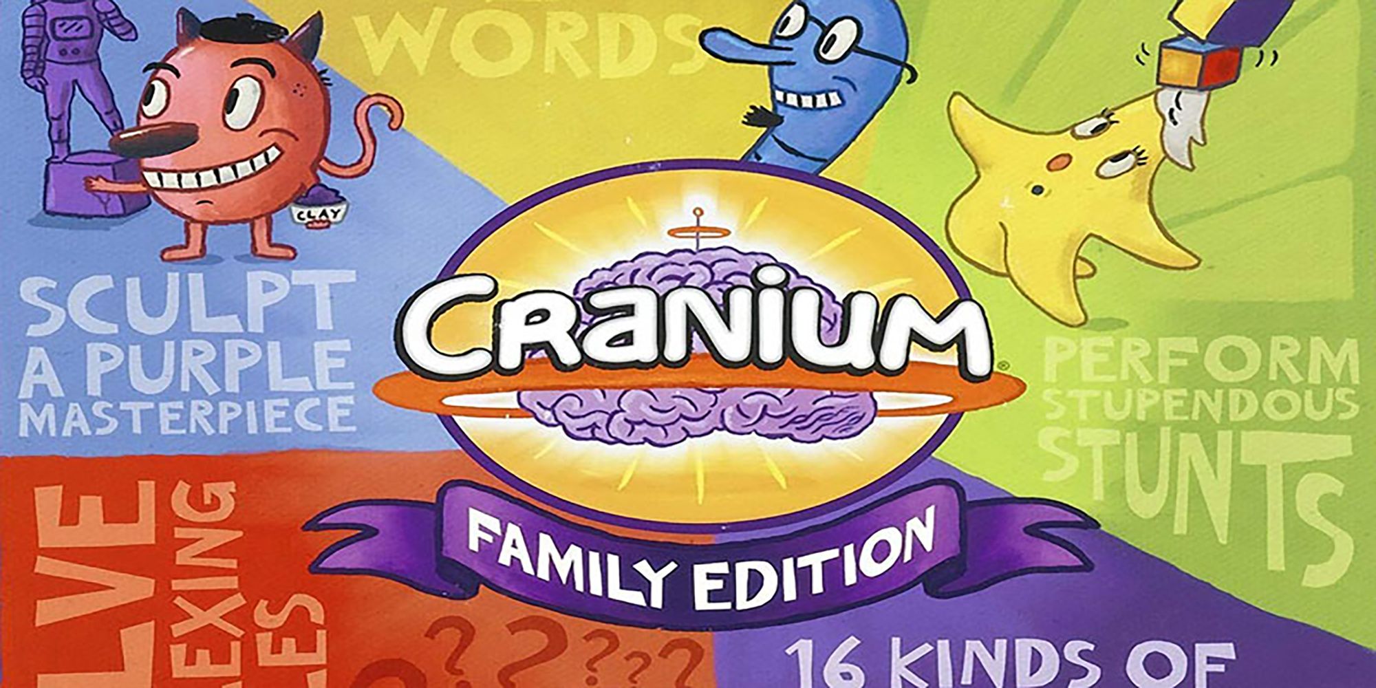 Creative Cat, Word Warm, and Star Performer gather around the Cranium: Family Edition logo.