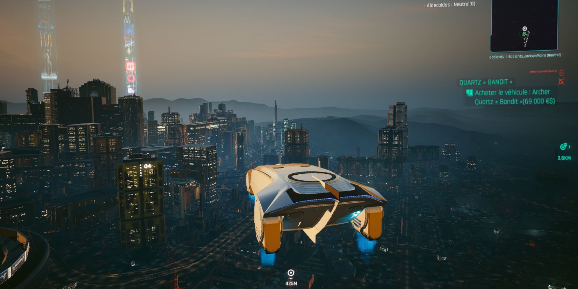 A flying car, with Night City from Cyberpunk 2077 below.