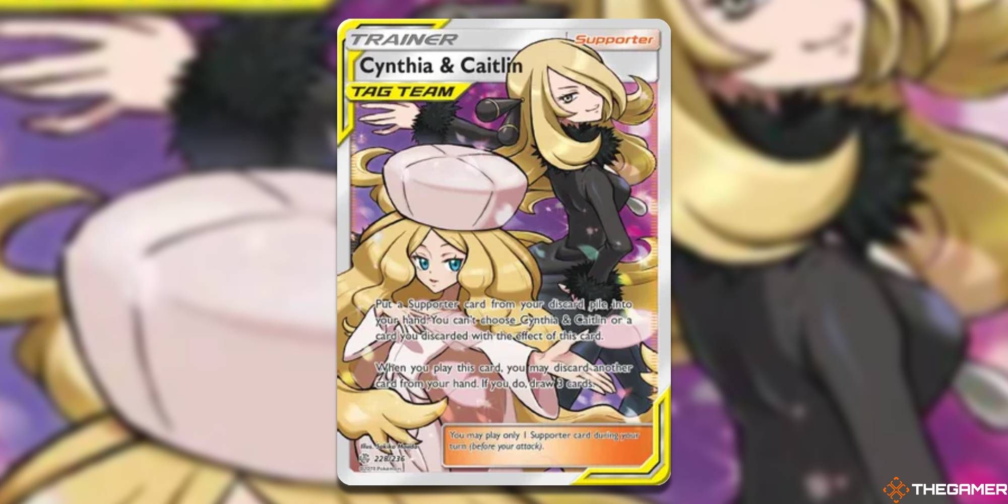 Pokemon TCG Full Art Cynthia & Caitlyn Tag Team from SM - Cosmic Eclipes with blurred background