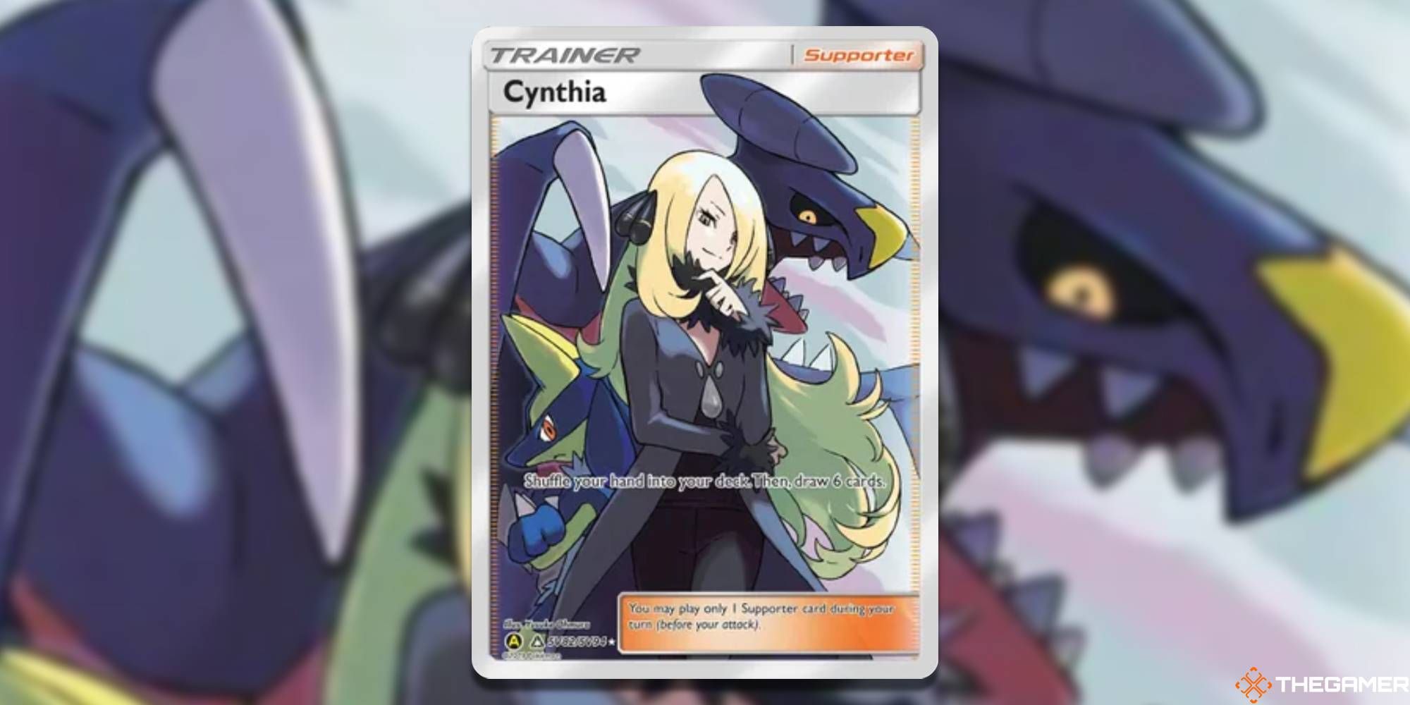 Pokemon TCG Full Art Cynthia from Hidden Fates: Shiny Vault with blurred background