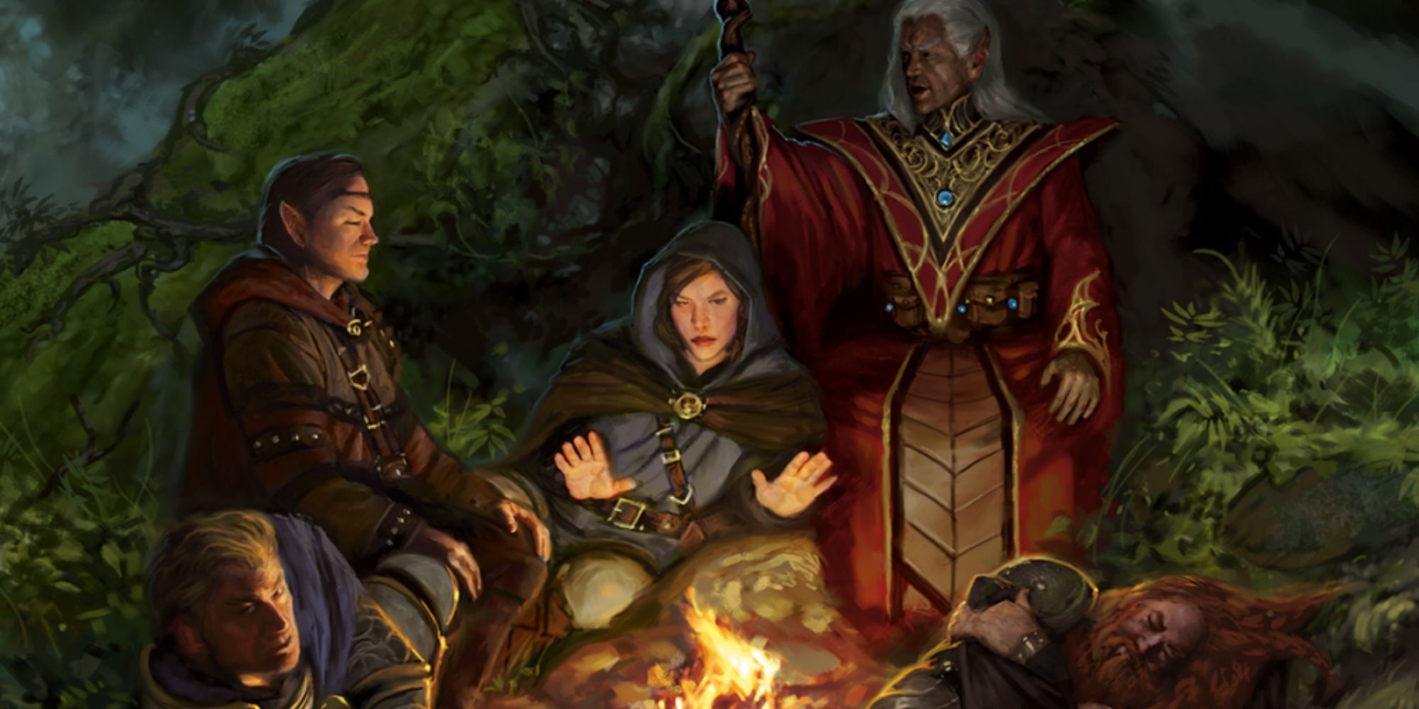 D&D characters surrounding a campfire.