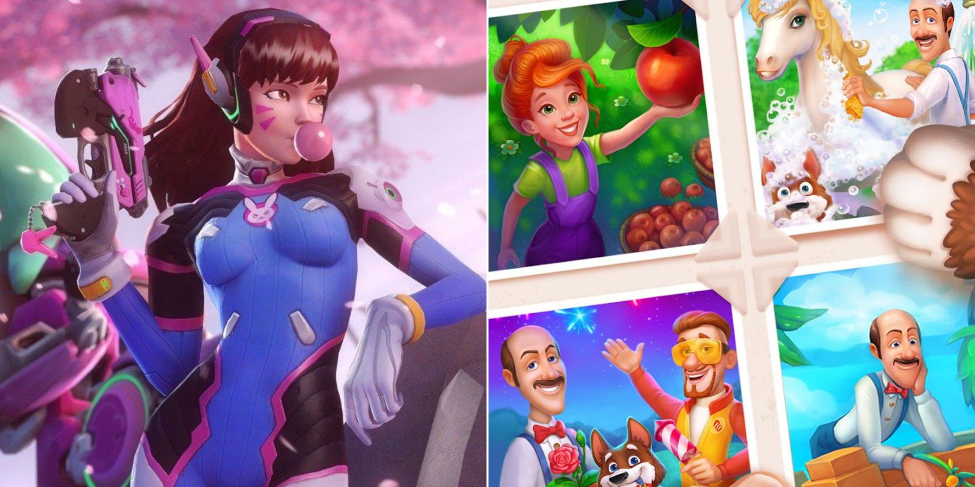 D.Va from Overwatch blowing a bubble gum (left) and Gardenscapes cover art (right)