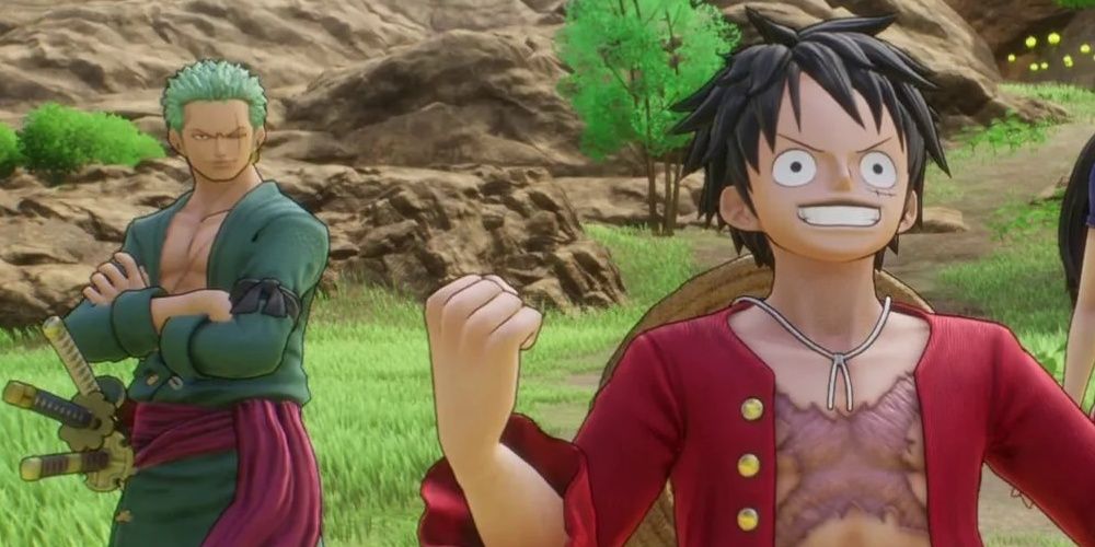 Luffy and Zoro posing after battle in the One Piece Odyssey video game