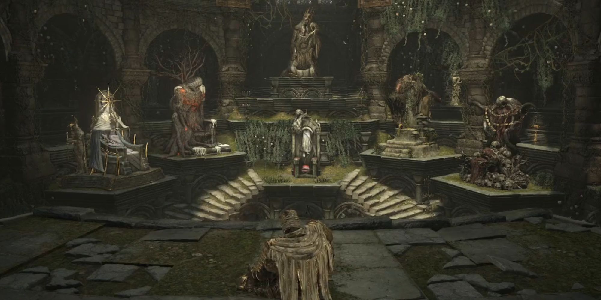 Dark Souls 3 Archthrones Mod Firelink Shrine overgrown with moss and greenery as the player sits looking at six thrones