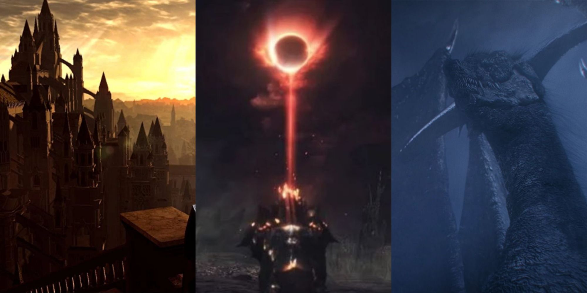 The City of Anor Londo, an Ashen One kneeling in the Kiln of the First Flame, and an Everlasting Dragon, left to right