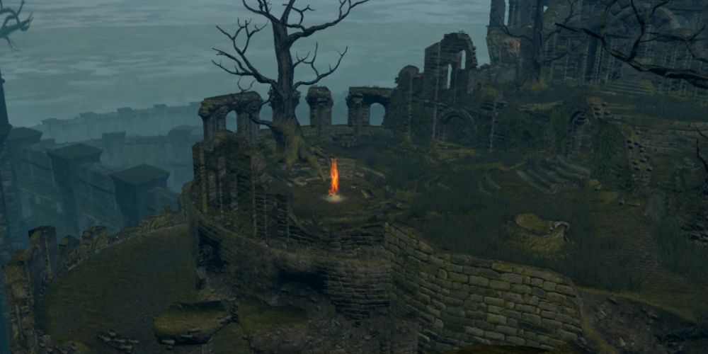 The firelink shrine, with the fire ablaze in the middle
