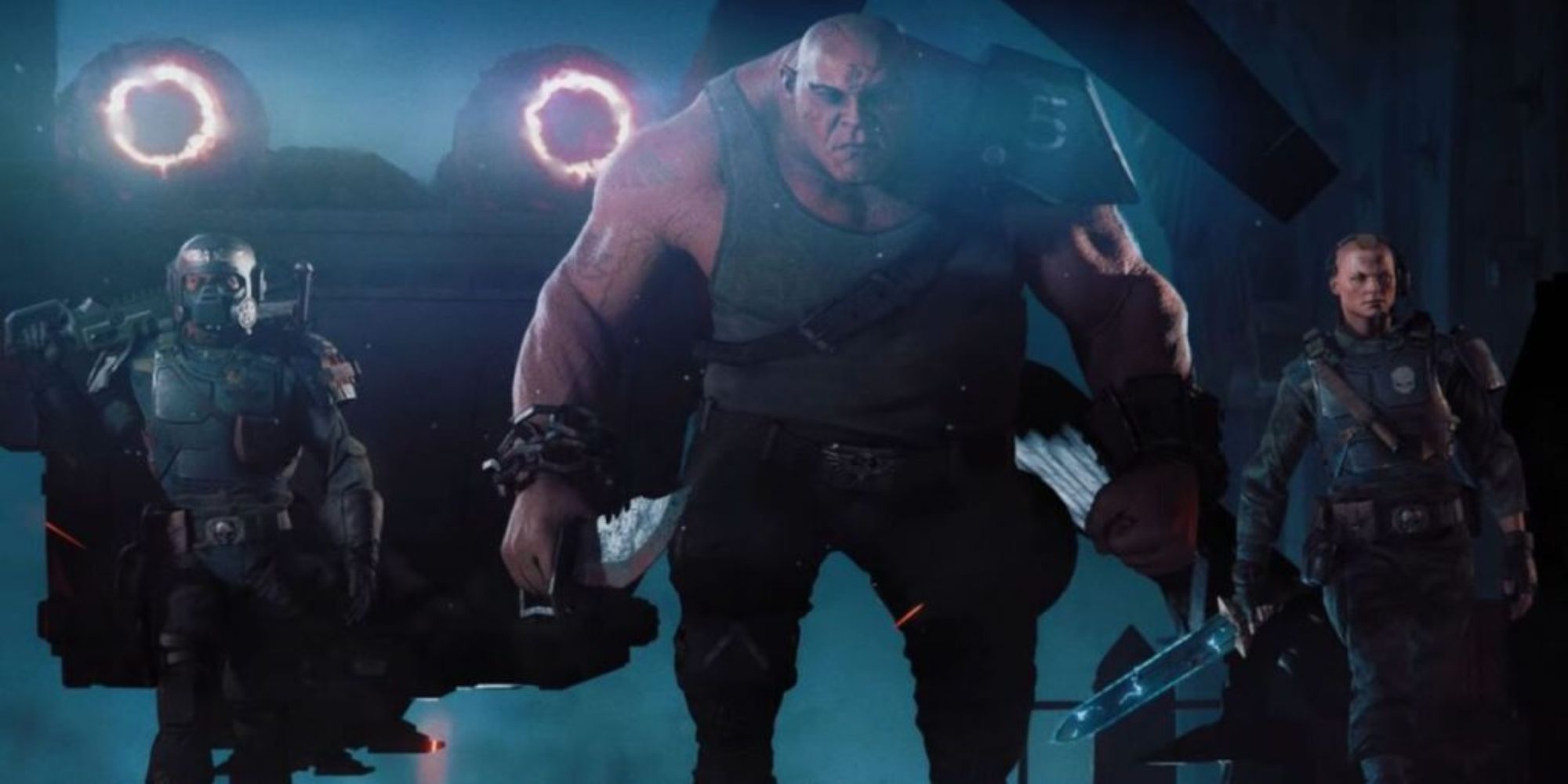 A trio of characters getting off a lander in Warhammer 40,000: Darktide