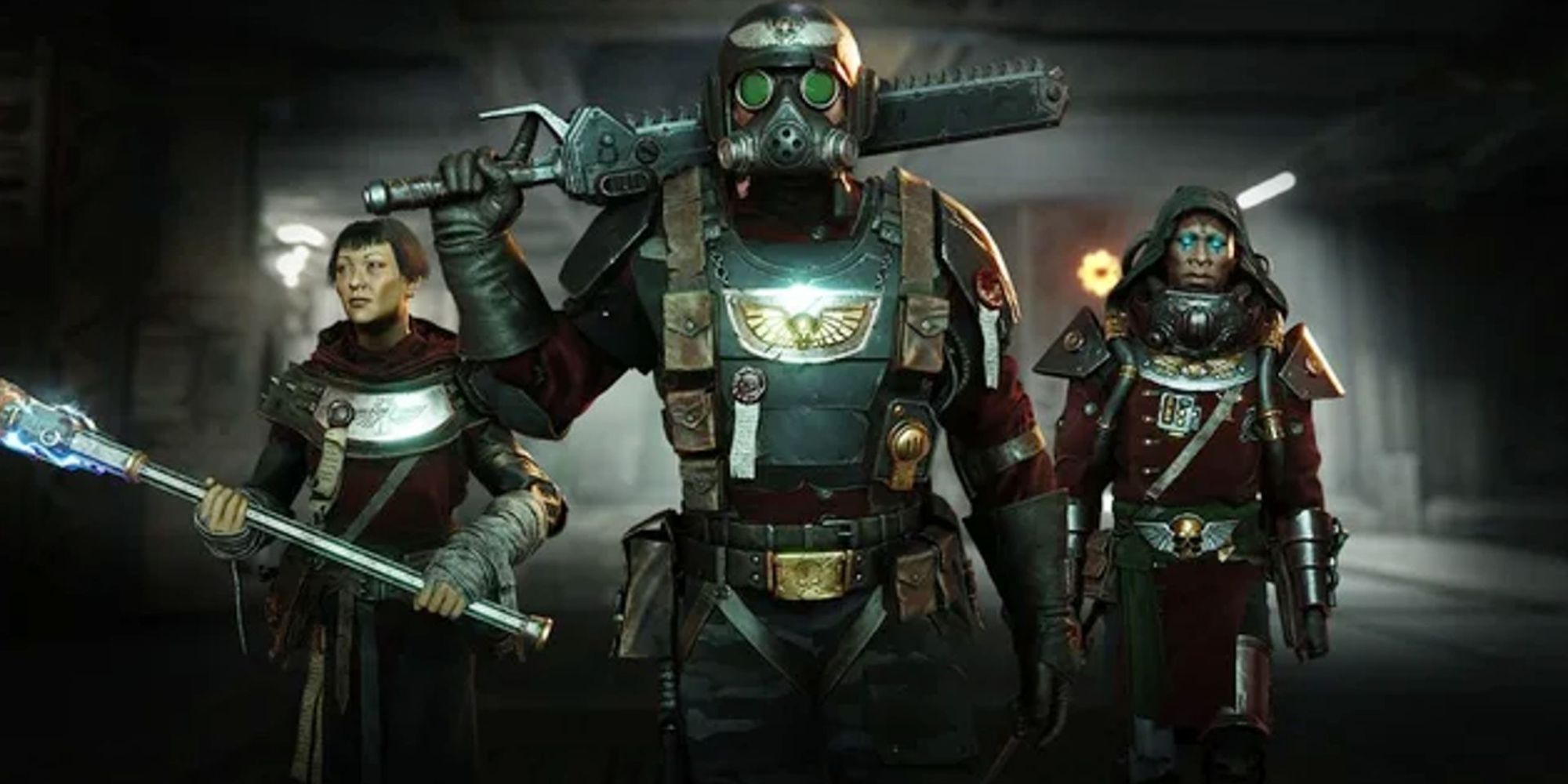 A trio of armed characters in Warhammer 40,000: Darktide
