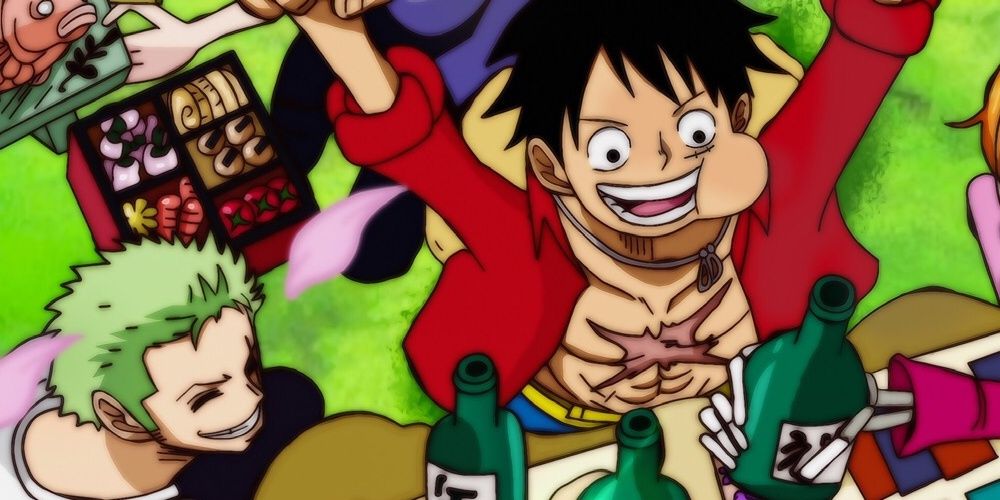 Luffy is cheering while Zoro drinks in a One Piece color spread