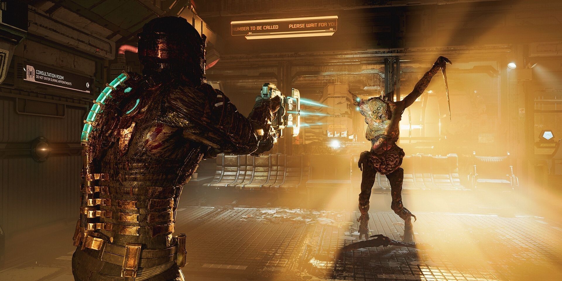 Dead Space screenshot of Isaac aiming the plasma cutter at a Necromorph
