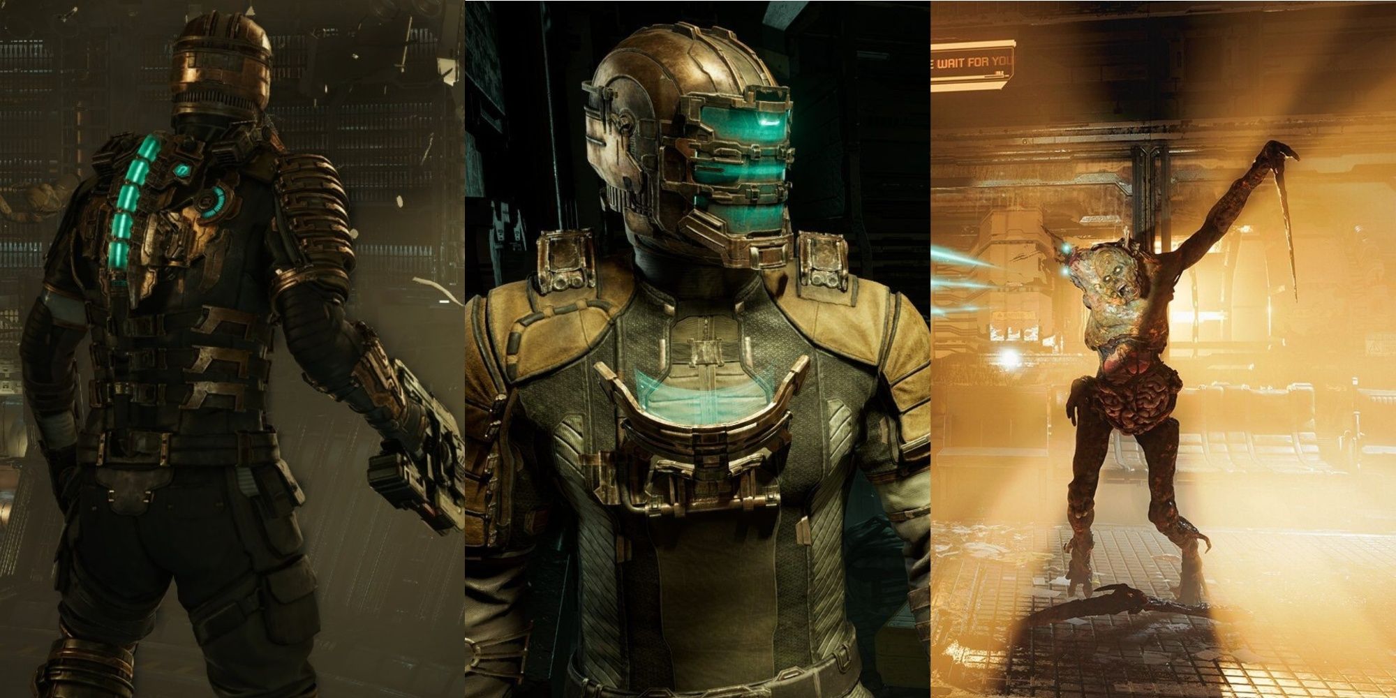 Dead Space collage featuring Isaac Clarke's back (left), Isaac facing the camera and looking over his shoulder (center) and a Necromorph attacking (right)