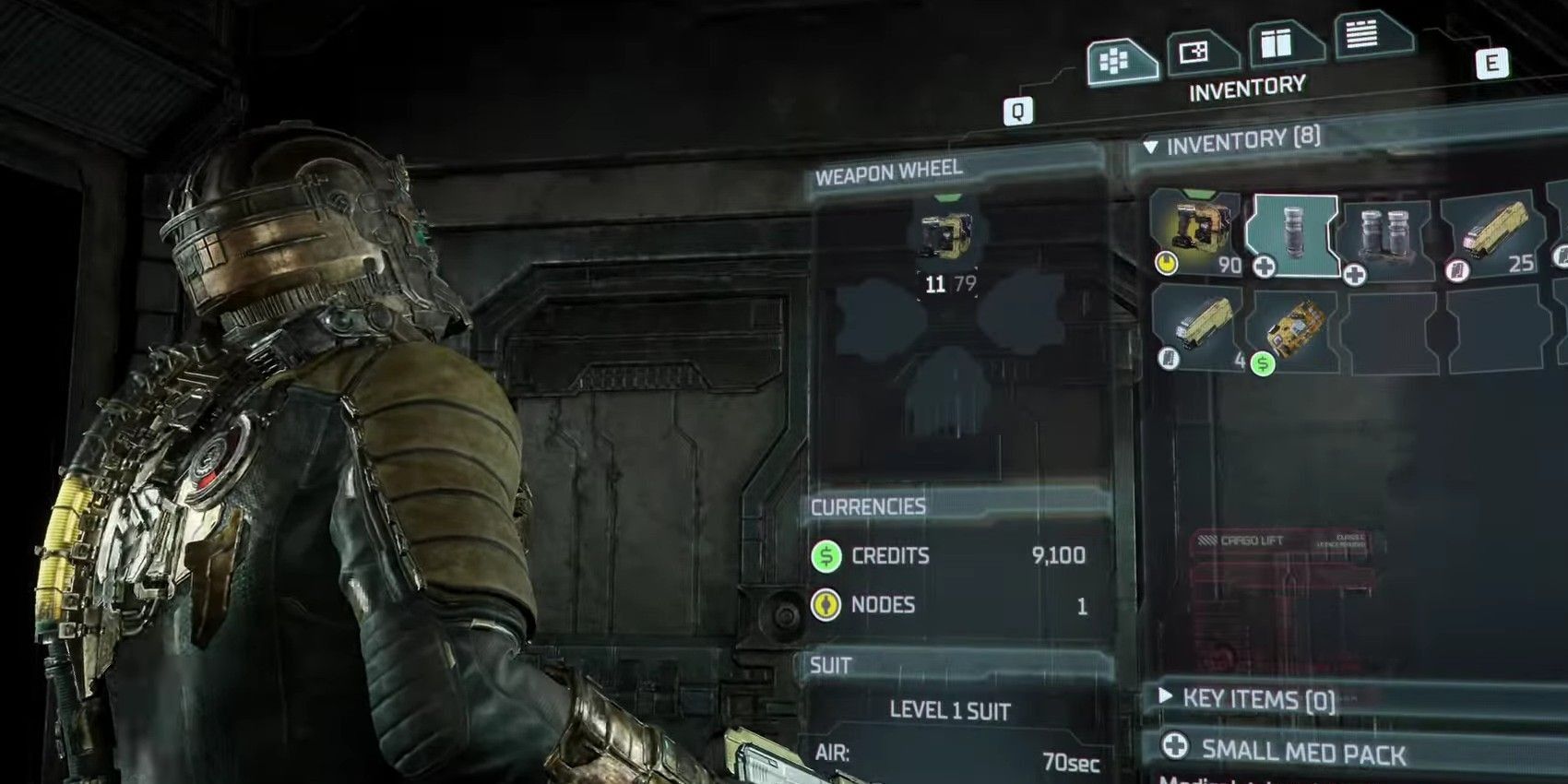 Dead Space screenshot of Isaac overlooking the inventory screen