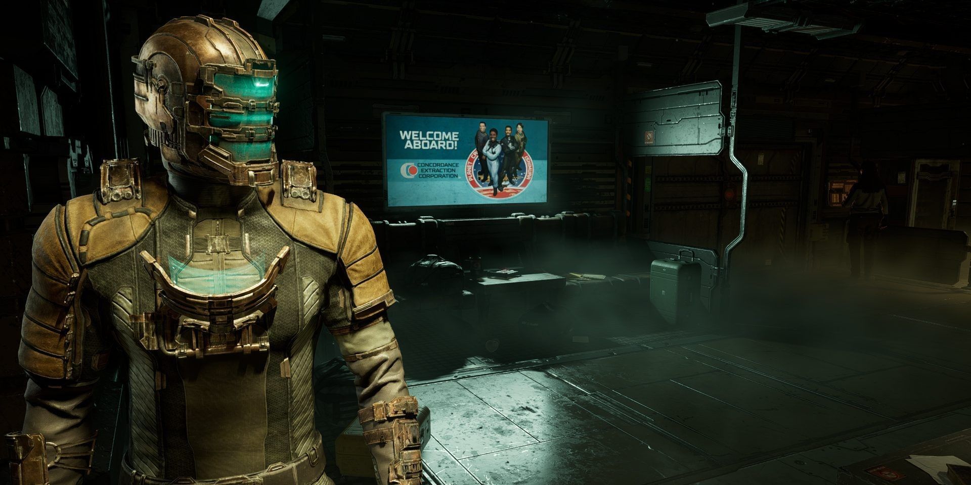 Screenshot from Dead Space with Isaac Clarke standing in front of a sign that reads "Welcome Aboard!"