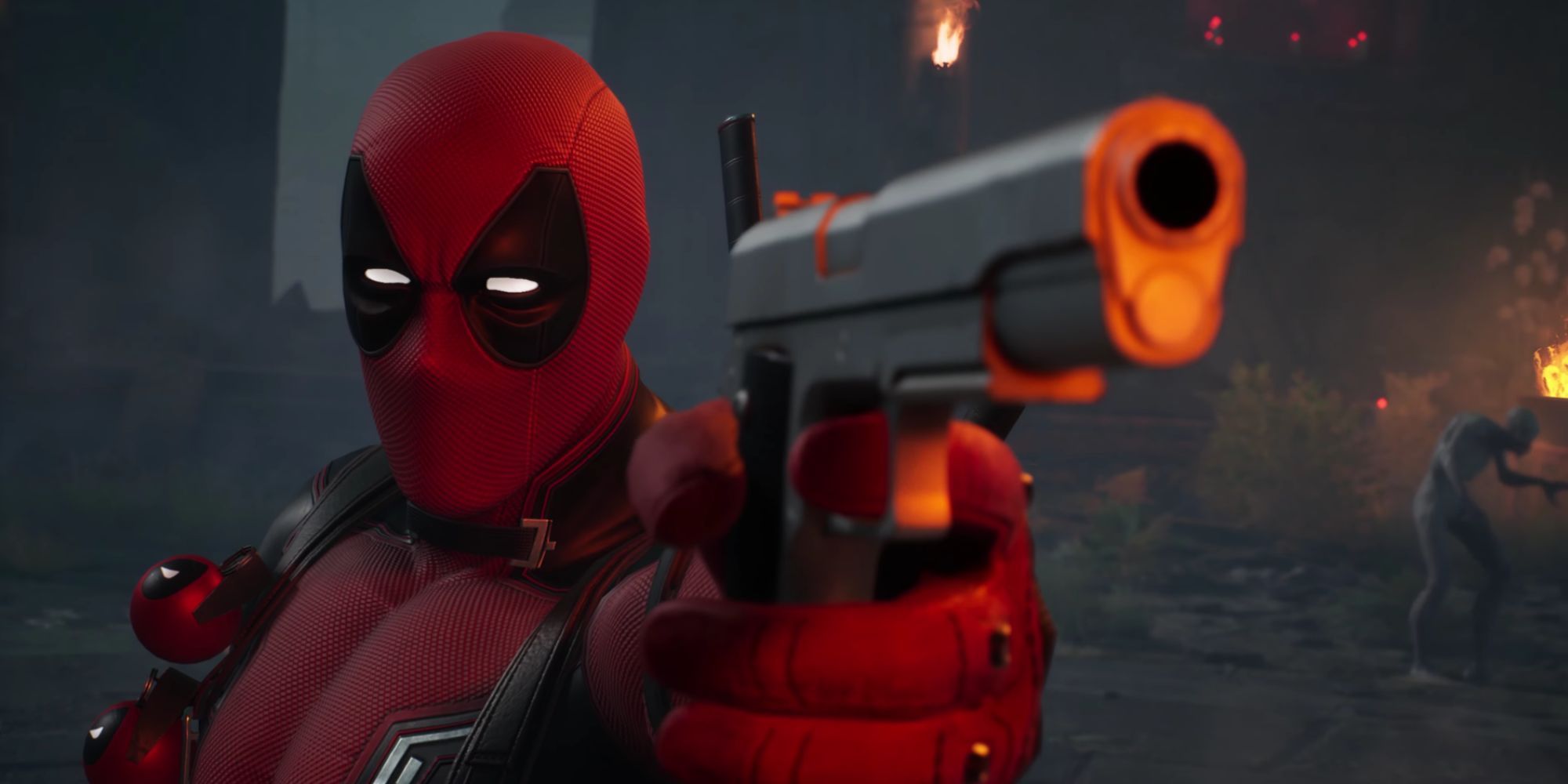 Deadpool aiming a gun at the camera in Marvel's Midnight Suns.