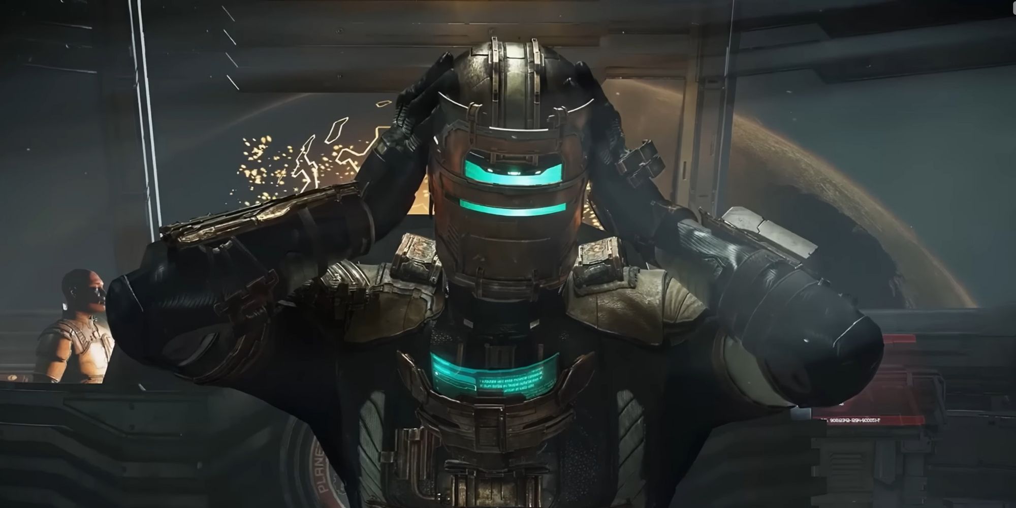Isaac Clarke taking off his helmet in the Dead Space remake.
