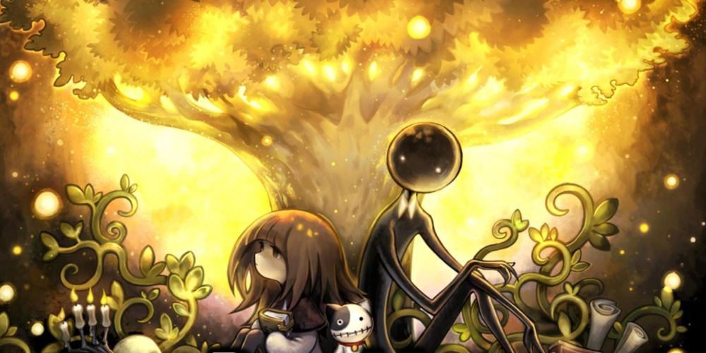 Deemo and Alice sitting under a golden tree looking towards the side in Deemo