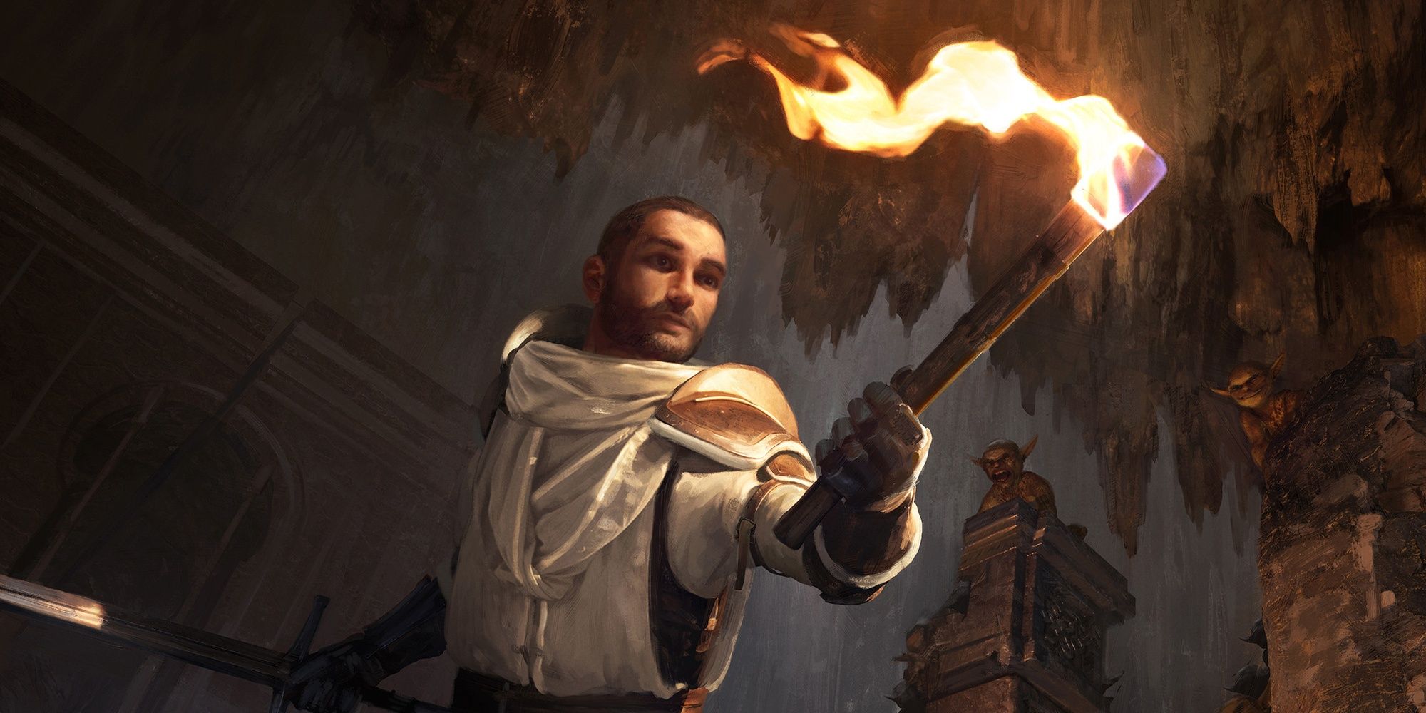 Dungeons & Dragons: In Delver's Torch by Bram Sels, an adventurer with a torch is surprised by goblins