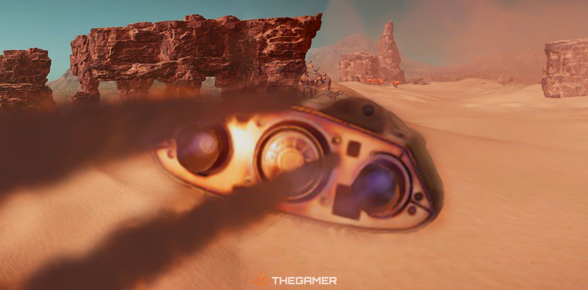 A space craft barrels into Desertum in Stranded: Alien Dawn.