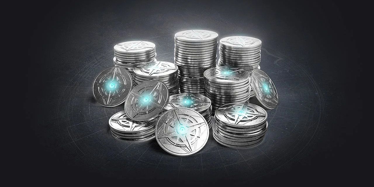 The Destiny 2 premium currency Silver in a pile on a black-grey background