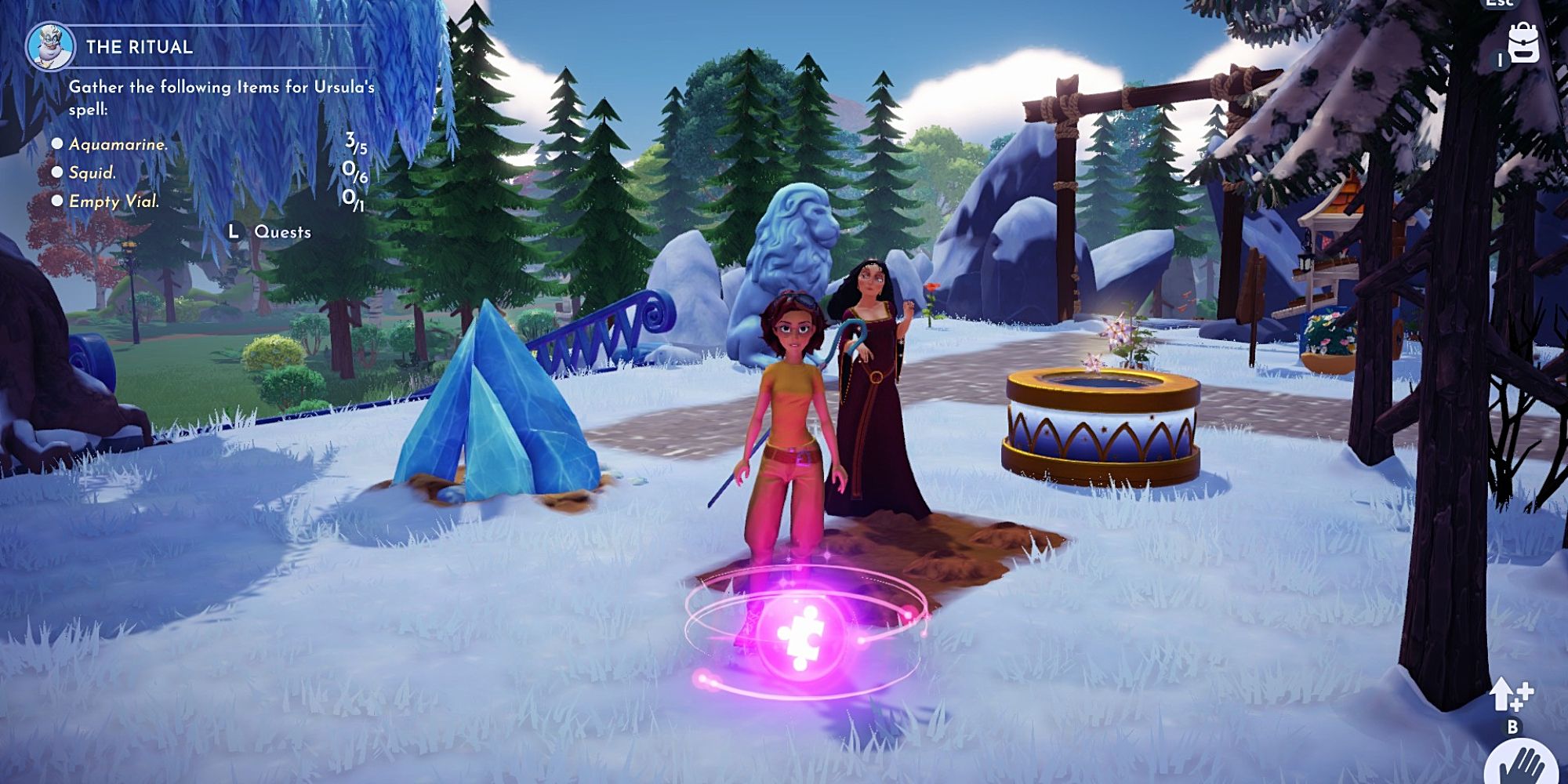 mother gothel and player character next to memory orb in frozen heights in dreamlight valley