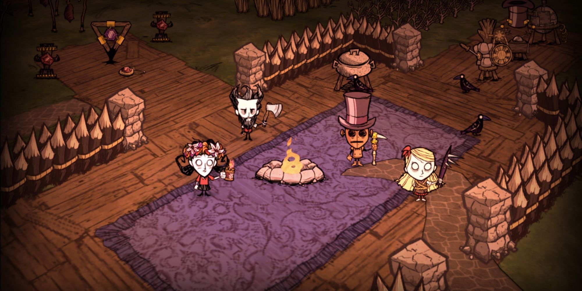 A wooden floor and purple carpet surrounded by wood spikes makes up the four character's camp
