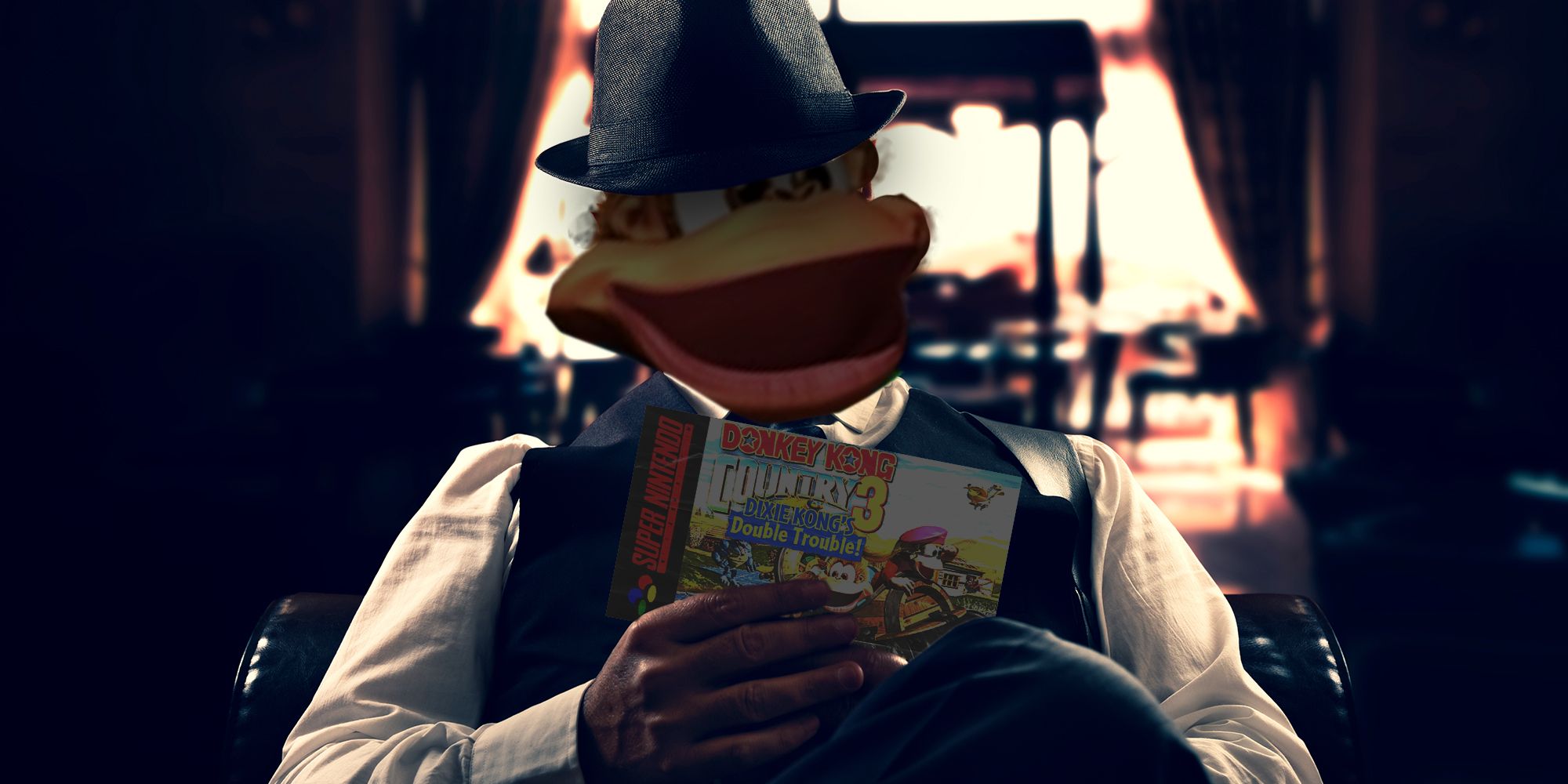 A picture showing Donkey Kong as a mob boss holding a copy of SNES classic Donkey Kong Country 3