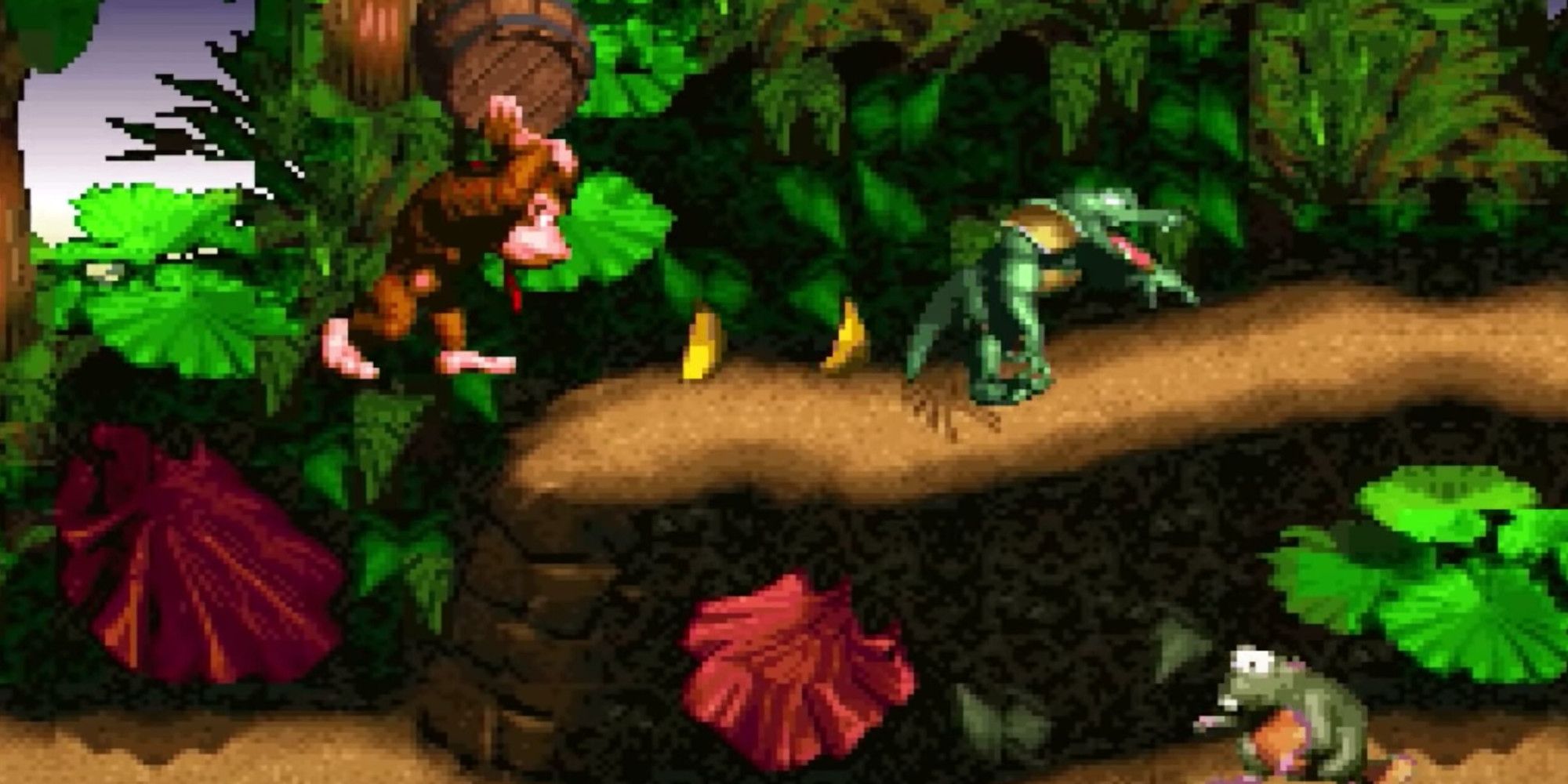 Donkey Kong carrying a barrel in Donkey Kong Country