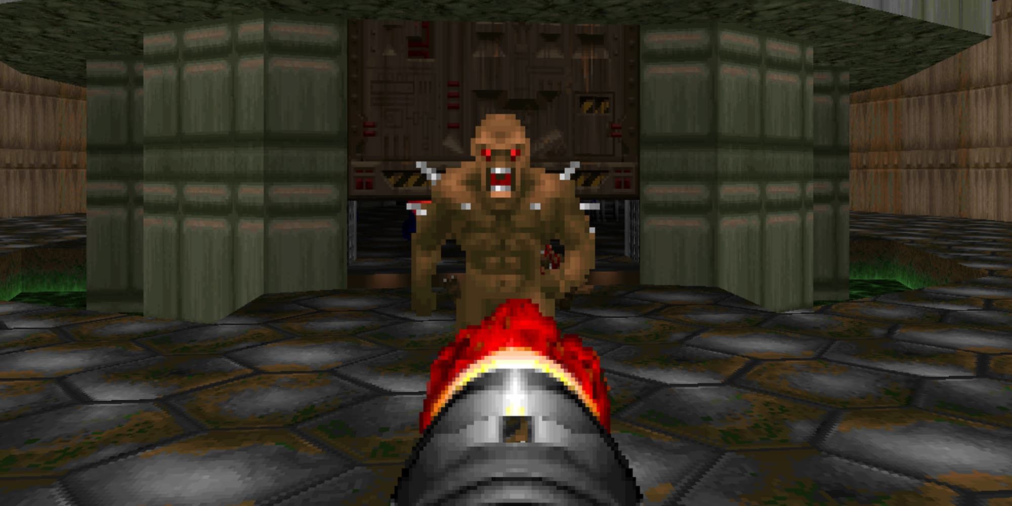 The player launches a rocket at a demon in Doom.