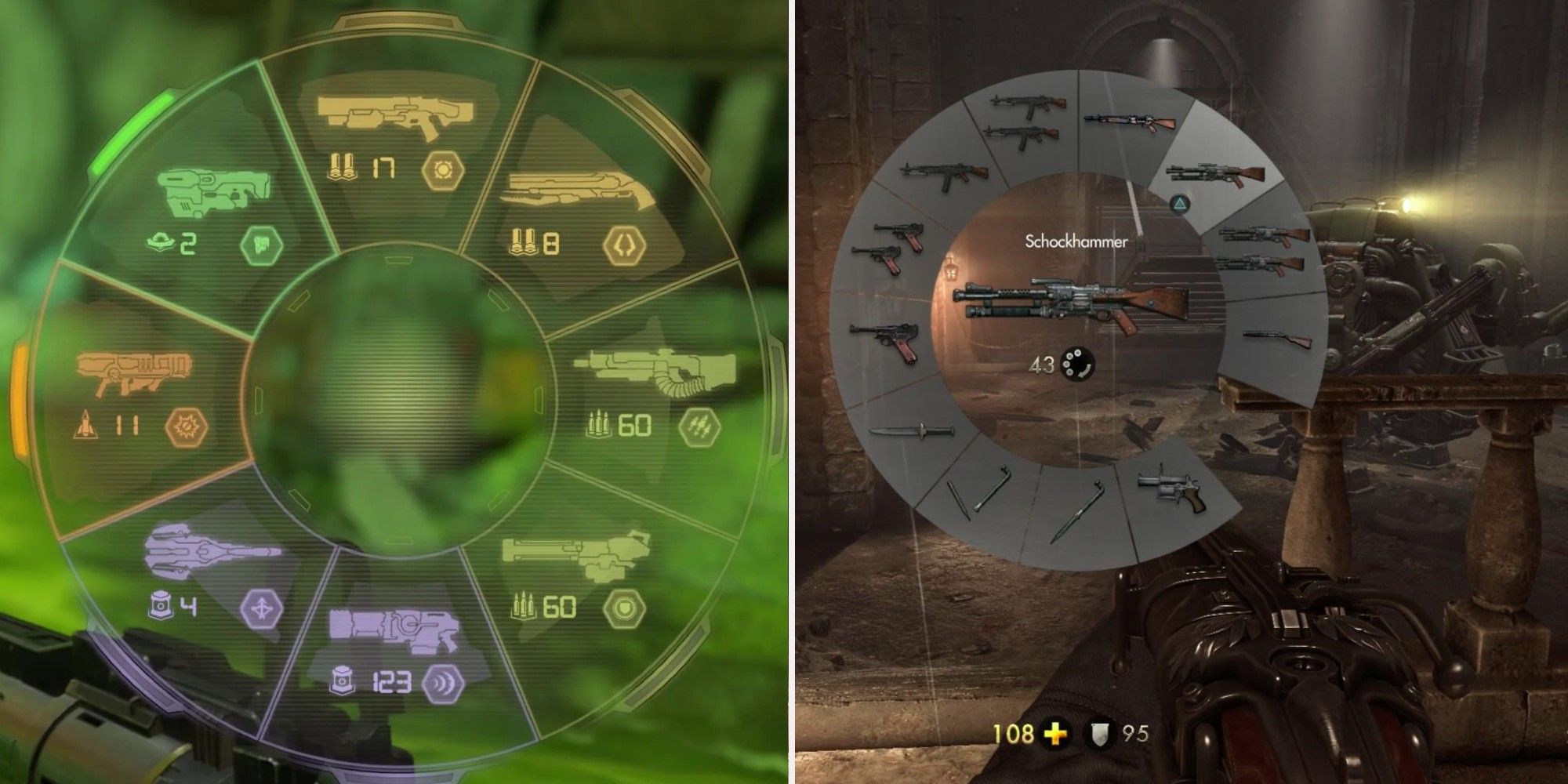 Doom Eternal weapon wheel and Wolfenstein The New Order weapon wheel