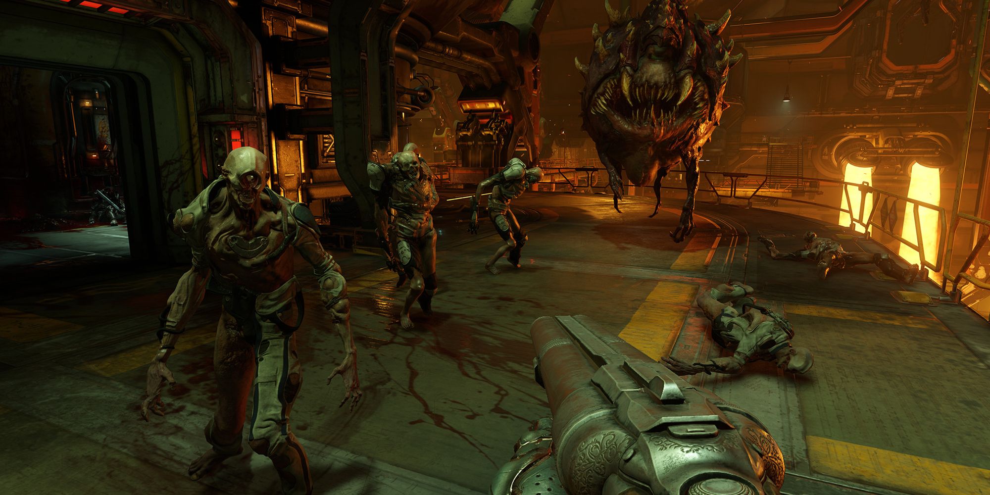 Doom Guy aiming his shotgun at demons in Doom Eternal