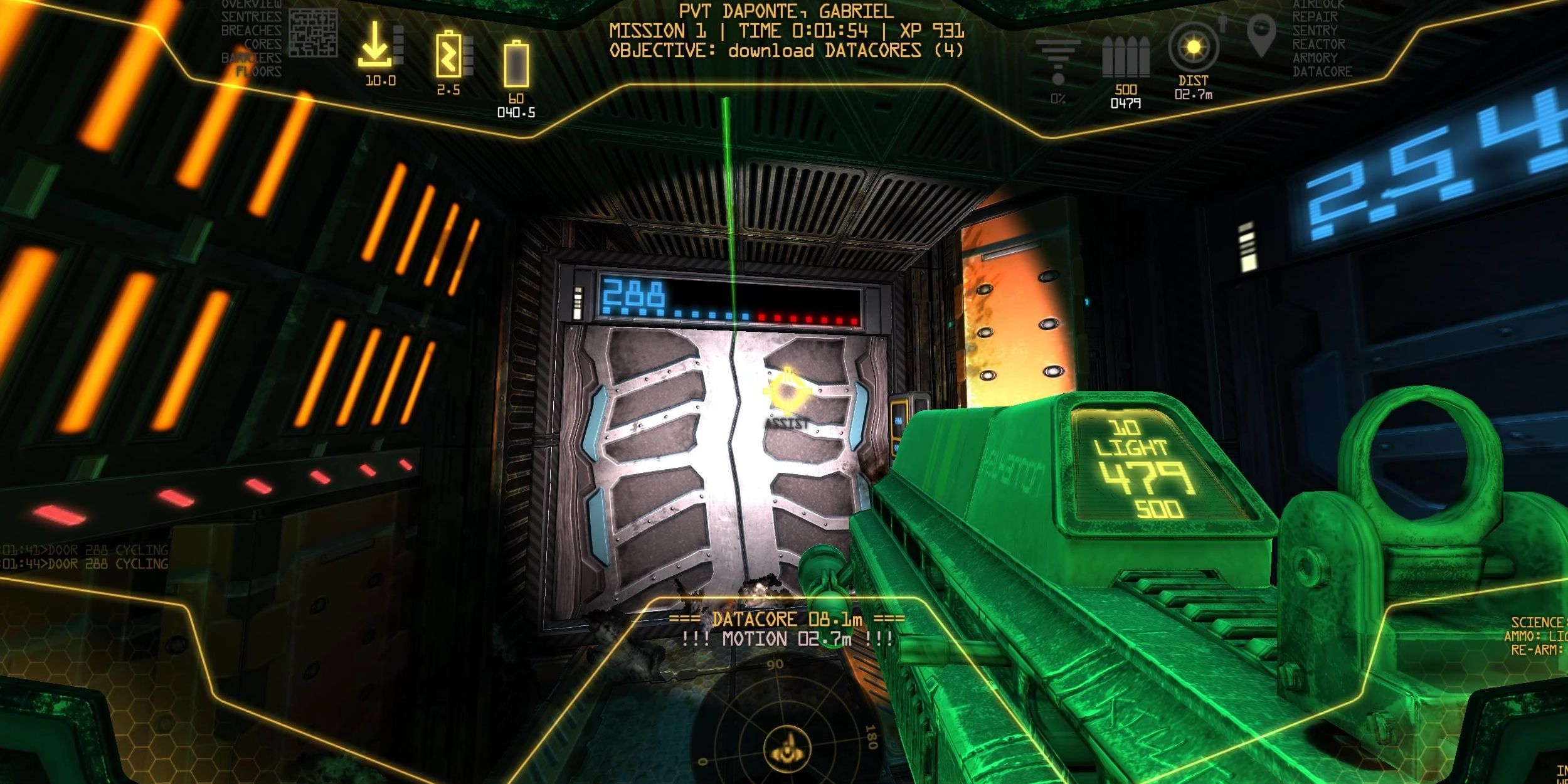 A door crumpling under the attack of Space Beasts. The blue dots above the door indicate how many more hits it can take before breaking completely.