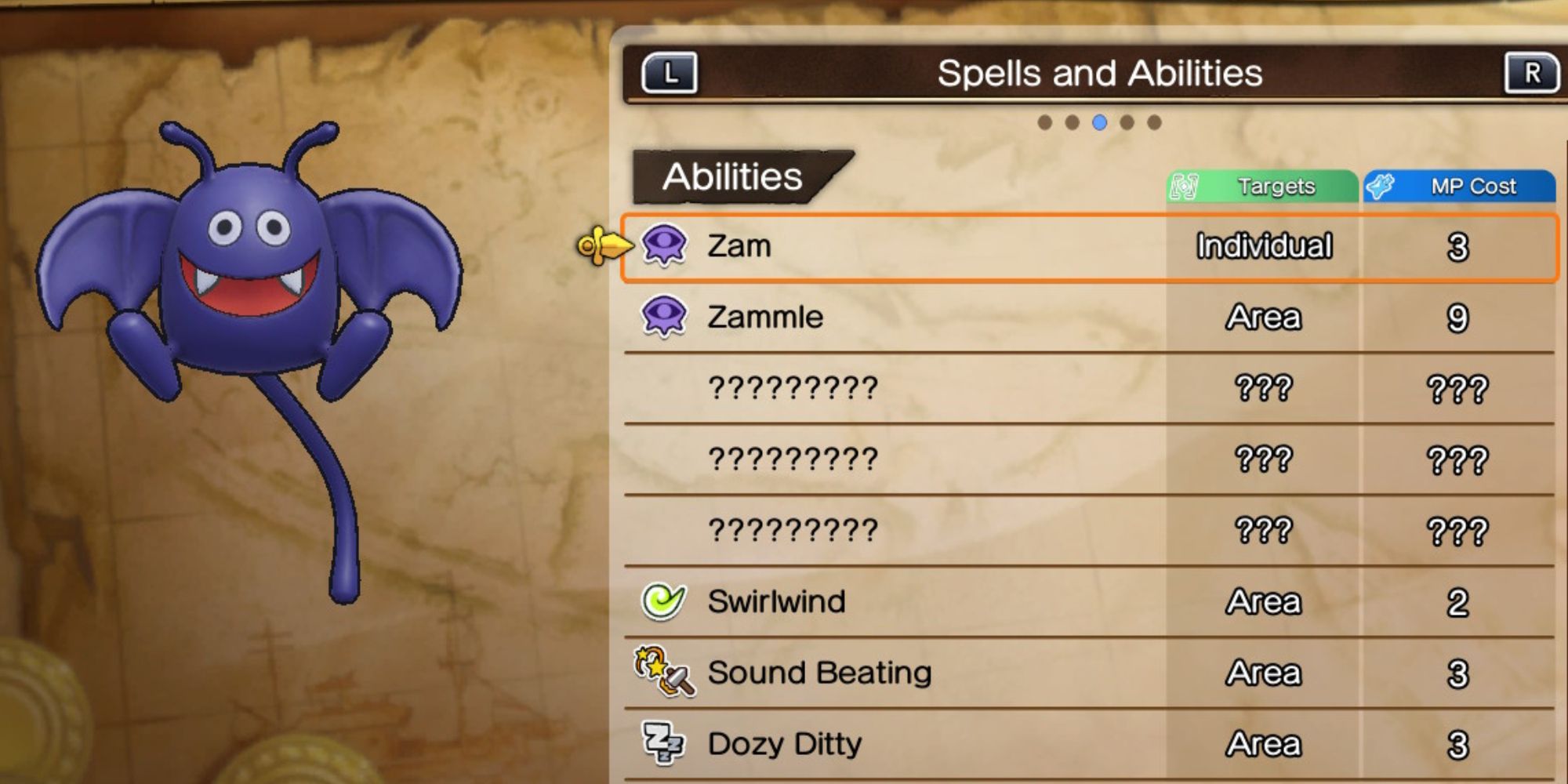 The Spells and Abilities page for Dracky in Dragon Quest Treasures
